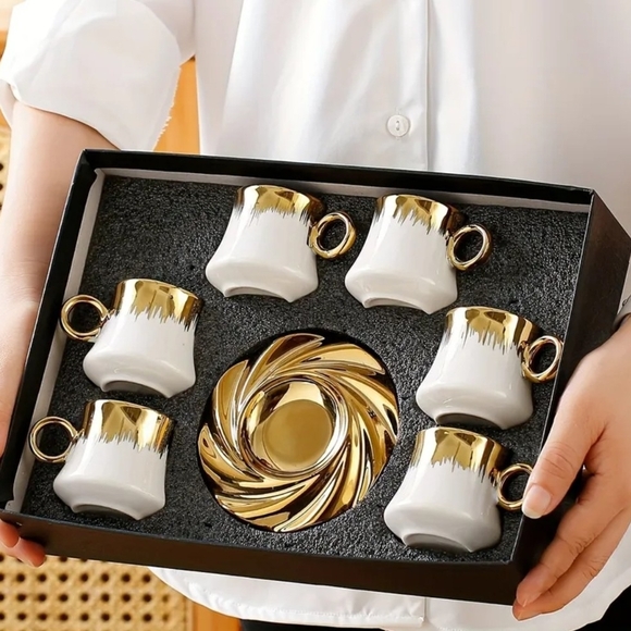 Elegant Turkish White and Gold Porcelain Cup Set